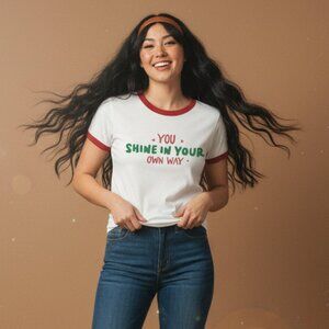 Shine Red and White Retro Ringer Graphic Tee Positivity Vintage Style T-Shirt